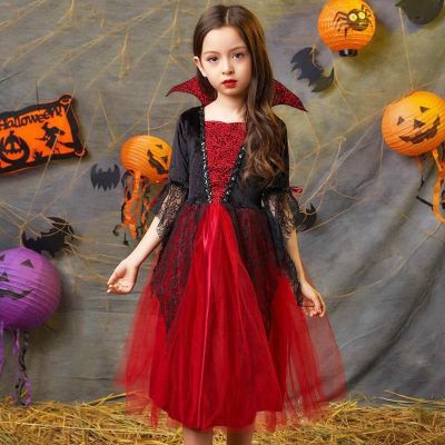Vampire Costume for Girls Halloween Princess Party Dress Kids Cosplay Dresses Children Stand Collar Tulle Lace Black Red Clothes