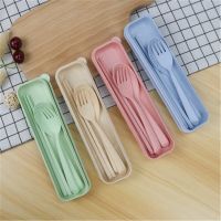 ☑✤ Children Utensil Spoon Tableware Set Baby 3Pcs/Set Wheat Straw Dinnerware Cutlery Cartoon for Infant Food Feeding Spoon Fork Set