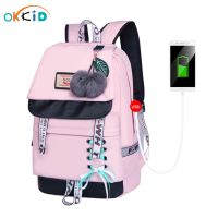 OKKID children school bags for girls cute pink backpack schoolbag korean style bowknot fur ball girl school backpack bookbag