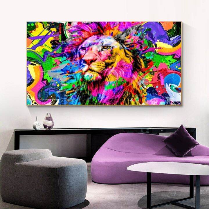 modern-nordic-street-graffiti-lion-and-dog-โปสเตอร์ผ้าใบพิมพ์สีน้ำสัตว์-art-wall-decor-สำหรับห้องนั่งเล่น