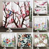 Plum Blossom Flower Leaves Shower Curtain Watercolor Plant Floral Pattern Waterproof Polyester Bathroom Curtain Decor With Hooks