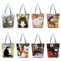 【Lanse store】Cute Cat Flower Painting Print Women Designer Tote Bag Floral Ladies Handbags Large Shopping Foldable For Groceries Portable