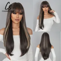 CharmSource Long Vavy Wig Mixed Brown Blonde with Bangs Synthetic Wigs for Women Cosplay Party Natural Daily Wear Heat Resistant Wig  Hair Extensions