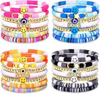 【CW】 28 Pcs 4 Set  Colorful Preppy Happy Smile Evil Beaded Stretch Clay Stackable Boho Disc