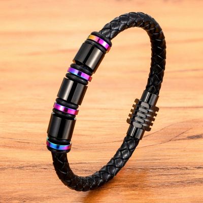 XQNI High Quality Trend Stainless Steel Bracelets For Men Black Colorful Punk Leather Bracelet Magnetic Buckle Hand Jewelry Gift