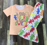 Baby girl orange sour sweet round neck short sleeves cute color biscuit human wave dot bell bottom set