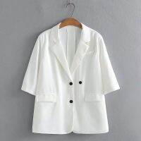 【มีไซส์ใหญ่】Plus Size Womens 3/4 Sleeve Spring Autumn White Black Blazers V-neck Ladies Elegant OL Outerwear