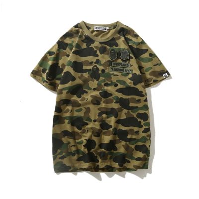 เสื้อยืดคู่รักญี่ปุ่น Bape แขนสั้น5แถบผู้ชาย,เสื้อยืดคู่กันหัวลายพราง Velcro ผ้าฝ้ายขนาดใหญ่บริสุทธิ์