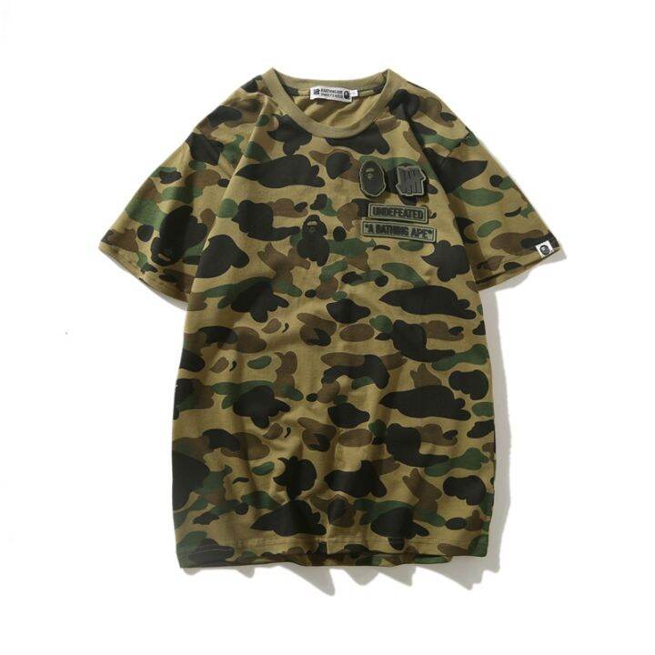 เสื้อยืดคู่รักญี่ปุ่น-bape-แขนสั้น5แถบผู้ชาย-เสื้อยืดคู่กันหัวลายพราง-velcro-ผ้าฝ้ายขนาดใหญ่บริสุทธิ์