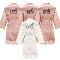 Wedding Party Team Bride Lace Robe Kimono Satin Pajamas Robe Bridesmaid Robe With Black Gold Letters Bathrobe Bride Robes