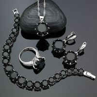 Punk Silver Jewellery Silver 925 Jewelry Sets for Women Black Cubic Zirconia Earrings/Pendant/Necklace/Ring/Bracelet