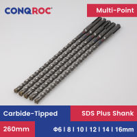 5 Pieces 260mm SDS Plus Masonry Drill Bits Multi-Point Carbide-Tipped Hammer Drill Bits 6mm 8mm 10mm 12mm 14mm 16mm