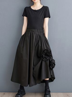 XITAO Skirt Women Irregular Loose Floral Black Skirt