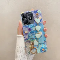 เคสมือถือสำหรับ Realme C53 C55 ฝาหลังอ่อนนุ่มแฟชั่นบลูสีน้ำมันไฟรูปดอกไม้ + สร้อยข้อมือแห่งความรักป้องกันสำหรับ Realme C53 C55 กรอบโทรศัพท์