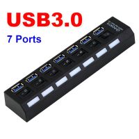 USB 3.0 HUB High Speed 5 Gbps 7 Port with Power On/Off Switch Adapter Cable for PC Desktop Notebook EU Plug (Black) บริการเก็บเงินปลายทาง