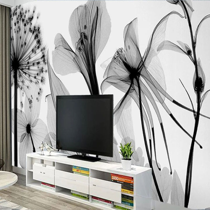 hot-modern-hand-painted-black-and-white-dandelion-flowers-mural-wallpaper-3d-abstract-art-wall-painting-living-room-papel-de-parede