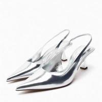 summer new za.raˉ womens shoes bright silver metal glossy slingback sandals high heels stiletto all-match fashion sandals