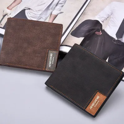 Wallet For Men PU Leather Light-Weighted Short Casual Canvas Pattern Thin Card Holder Photo Frame Business Travel Shopping