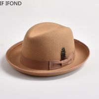 New British Style Wool Felt Fedora Hats for Men Roll Up Brim Homburg Gentleman Church Jazz Hat Party Dress Cap