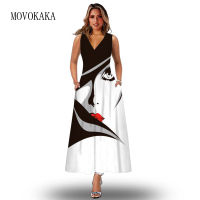 MOVOKAKA Face Printing Summer Long Dress Women Casual Beach Holiday Sleeveless V Neck Loose Vestidos Party Vintage Boho Dresses