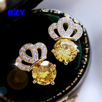 BZYLuxury แฟชั่น Crown Stud ต่างหูสีชมพู/สีเหลือง CZ สำหรับผู้หญิงที่ละเอียดอ่อนหญิงต่างหูสาวของขวัญงานแต่งงานแนวโน้ม Jewelry