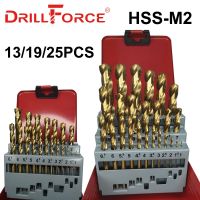 DRILLFORCE HSS M2 Titanium Coated Drill Bit 13/19/25PCS For Metal Woodworking Drilling Bits Set Power Tools Accessories Drills Drivers