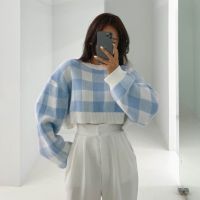 Gentle wind checkerboard plaid long-sleeved sweater