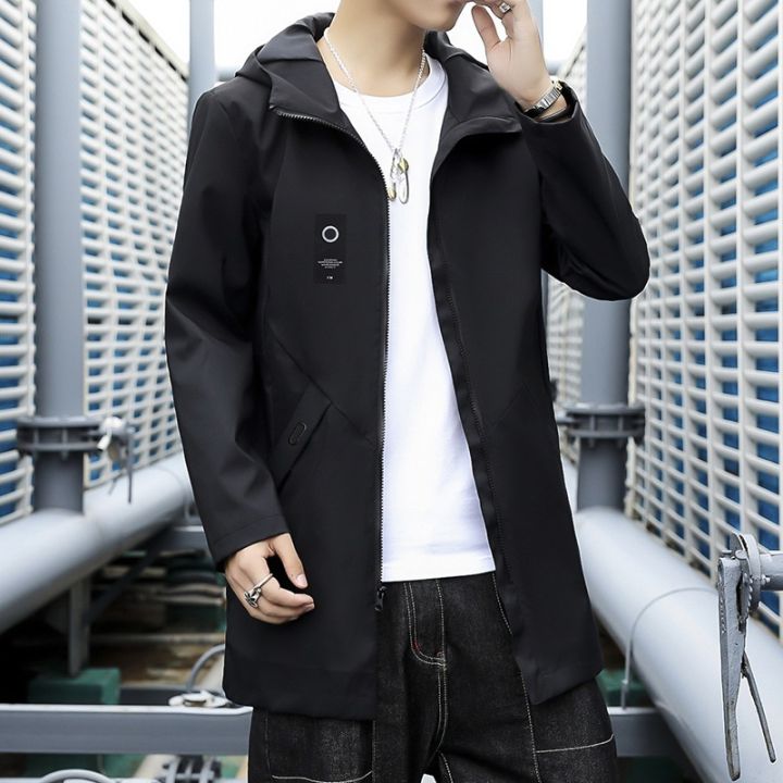 ส่งของ-hanlu-เสื้อแจ็คเก็ตผู้ชายแฟชั่นยาวมีฮู้ดเสื้อกันลมสไตล์เกาหลีสีทึบใหม่แจ็คเก็ตลำลอง