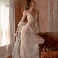 New Lace Mesh Pajamas Nightgown Long Bride Robe Wedding Pijama White Bathrobe Female Sexy Sleepwear Women Mesh Homewear