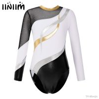 Kids Girls Shiny Rhinestone Decorated Gymnastic Ballet Dance Leotards Costume Long Sleeve Round Neckline Jumpsuit Dance Wear