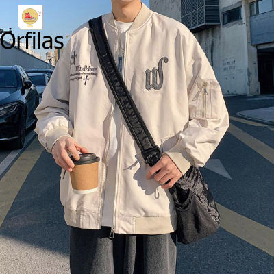 Orfilas 🎉🎉 New!!! เครื่องแบบเบสบอลชายย้อนยุคแบบอเมริกัน เสื้อโค้ตลายขวาง แจ็กเก็ตทรงหลวม เครื่องแบบเบสบอลแบบบาง เสื้อนักเรียน M-3XL~