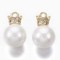 2pc Brass Micro Pave Cubic Zirconia Charms with Acrylic Imitation Pearl Nickel Free Crown Real 18K Gold Plated Clear Seashell Color 15x10x10mm Hole: 1.4mm