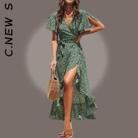 ۩ C.New S Dress Women Fashion Ruffles Wrap Casual V Neck Split Sexy Party Dress Club Lazy Vestidos Dresses Woman Female