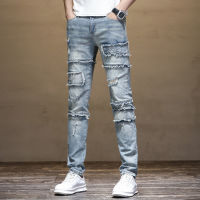 2023 Summer New Mens Light Blue Vintage Slim-Fitting Biker Stitching Edging Jeans Skinny Mid-Rise Pants