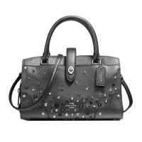 กระเป๋าถือ Coach แท้ รุ่นหรูที่สุด หนังแท้ ประดับหมุด COACH 59146 MERCER SATCHEL 24 IN GRAIN LEATHER WITH STAR RIVETS Metallic Graphite สีตะกั่ว