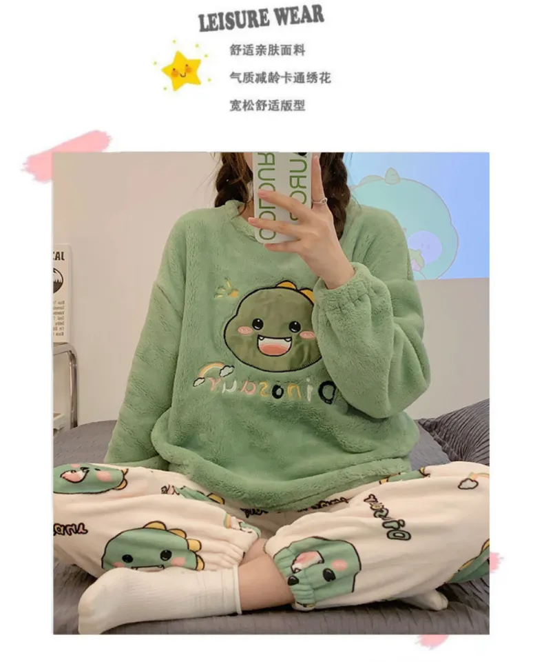 Autumn Winter Women's Pajamas Cute Cartoon Printed Sleepwear Casual Home  Wear Set Girl Knitted Size M-3XL Pijamas Fashion Pyjama