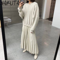 WAKUTA Ladies Solid Sweatshirt Dresses Thick Autumn Winter Patchwork Long Pleated Dress O Neck Korea 2021 Apricot Black Clothing