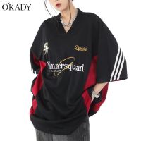 ☞ OKADY ใหม่ตัวอักษรที่เรียบง่ายคอกลมเสื้อยืดดิจิตอลแฟชั่นสตรีแนวโน้มในด้านบนหลวม