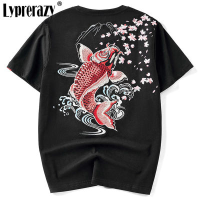 Lyprerazy ฤดูร้อนใหม่สไตล์จีนปลาคาร์พเย็บปักถักร้อยเสื้อยืดแบรนด์เดิมผ้าฝ้ายลำลองสำหรับบุรุษ Tee เสื้อ Tops