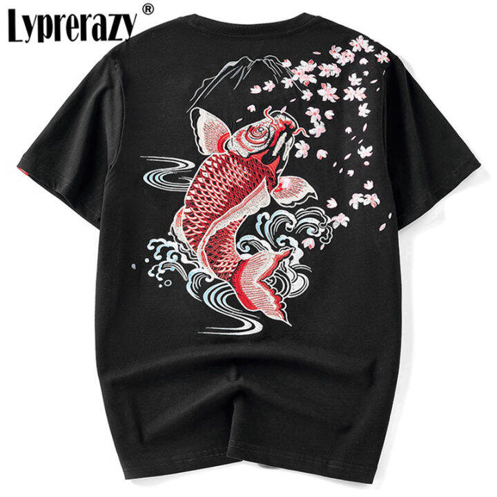 lyprerazyฤดูร้อนใหม่สไตล์จีนปลาคาร์พเสื้อยืดลายปักoriginalยี่ห้อผ้าฝ้ายลำลองผู้ชายteeเสื้อtops