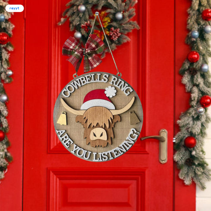 ghj-คริสมาสต์วัวสัตว์ป้ายประตูบรรยากาศที่อบอุ่นประตูไม้ป้ายประตูสำหรับเพื่อนครอบครัวเพื่อนบ้านของขวัญ