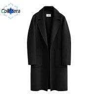 Coldzera ผู้หญิงฤดูหนาว Felt Pea Coat Single Breasted Lapel Collar เสื้อแจ็คเก็ตยาว M-XL เสื้อคลุมยาวหลวม Fit แขนยาวกระเป๋าสีทึบ