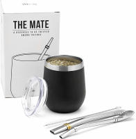 BALIBETOV Modern Mate Cup And Bombilla Set (Yerba Mate Cup) -Yerba Mate Set includes Double Walled 18/8 Stainless Steel Mate Tea Cup, Two Bombilla Mate (Straw) and a Cleaning Brush (Black, 8) Black 8.0 ounces