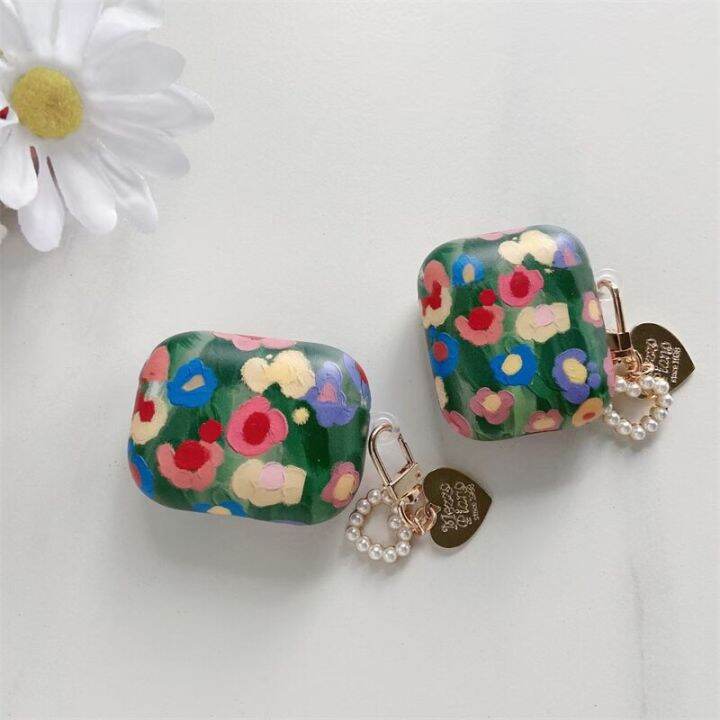 luxury-oil-painting-flower-love-pearl-keychain-earphone-silicone-case-for-apple-airpods-1-2-airpods-pro-3-headset-box-cover-headphones-accessories