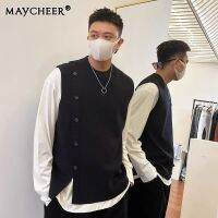 MAYCHEER   แผงแยกเสื้อกั๊กลายทางวินเทจของผู้ชายเสื้อสวมศีรษะเสื้อออกแบบช่องหลวมสำหรับผู้หญิง