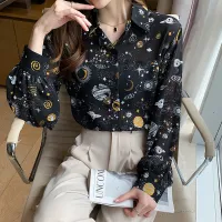 Autumn 2021 New Womens Lolita Style Printed Long Sleeve Shirt Fashion Thin Satin Girls Top Star Sky Pattern Lantern Sleeve