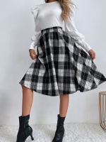 DGIRL Elastic Waist Plaid Print Skirt High Waist Umbrella Pleat Skirt Women Casual Woolen Grid Skirt Female Knee Plaid Skirt