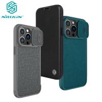 Nillkin เคสฝาพับสำหรับ IPhone 15 Pro Max 15 Plus 15 Pro เคสฝาพับหนัง Qin Pro แบบมีกระเป๋าบัตรผ้าใส่หนังสือกล้องเลื่อน