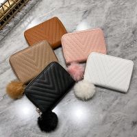 Women Short Wallet PU Leather Money Bag Solid Wool Ball Bow Clutch Bag Large Capacity Ladies Coin Purse Cards Holder Money Clip