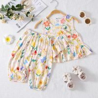 Grils Suit Set Versatile Adorable Cotton Flower Pattern Comfortable  Fashionable Camisole Top Cropped Pants Baby Clothes